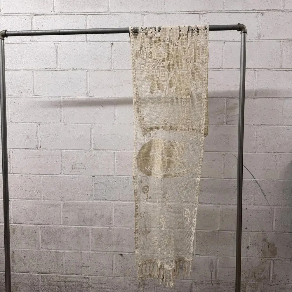 Antique French Figural Filet Lace Cat Sleeping Curtain - Rare Unique Animal